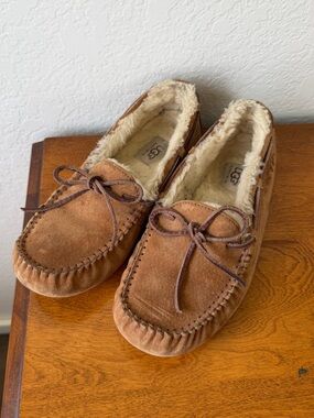 UGG Chestnut Suede Moccasin Slippers with Shearling Lining